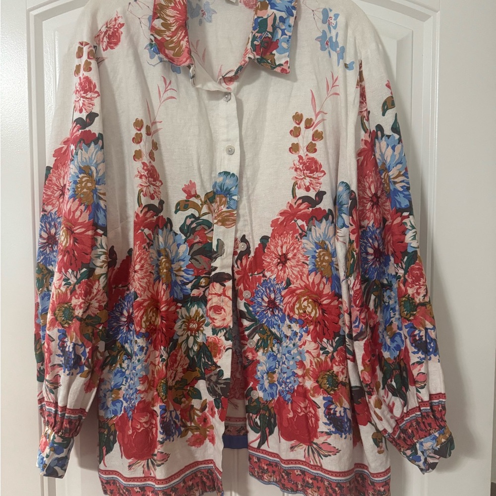 Cynthia Rowley Cream Blouse with Red & Blue Floral Print
